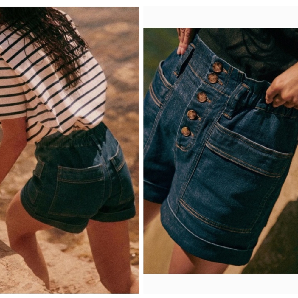 High-Rise Dark Blue Denim Shorts with Button Front Ellis